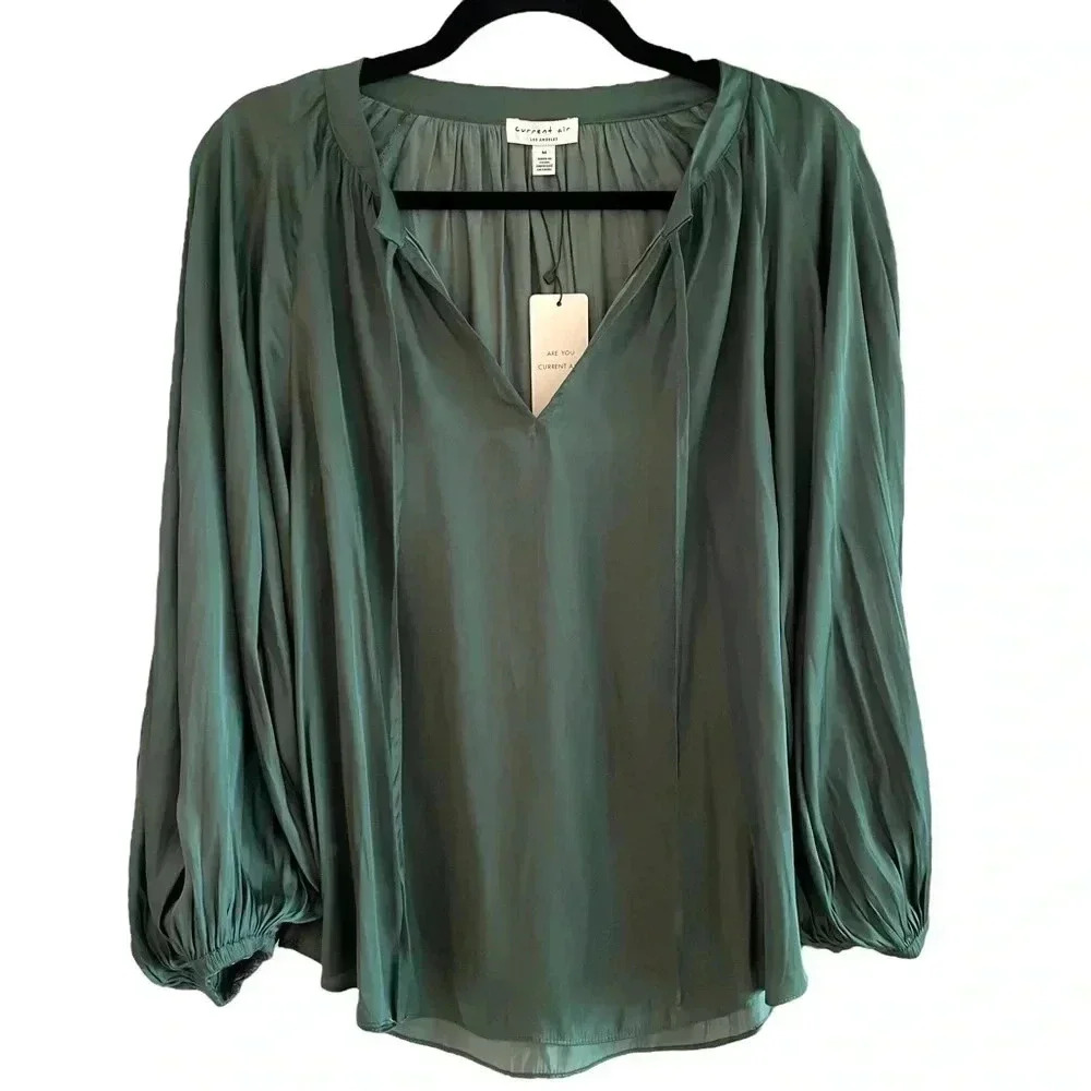 Current Air Green Blouse Flowy Balloon Sleeves Peasant Boho